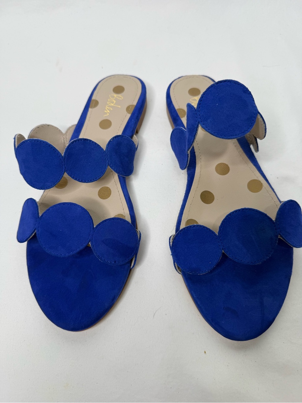 Boden Women’s royal Blue Suede Disc Sandals EU 38 US 7-7.5 Polka Dot Flats